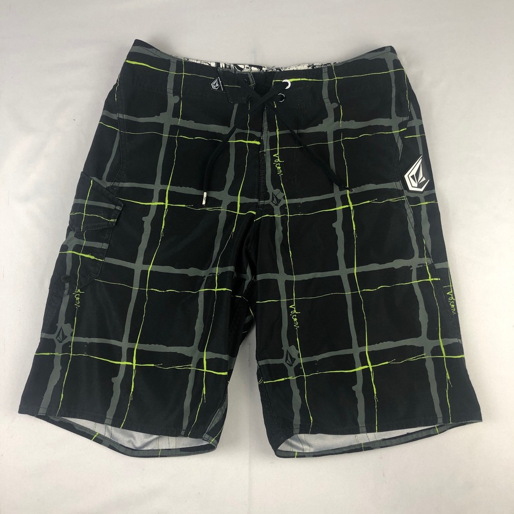 Volcom Swim Trunks Men Size 30 Black w/ Neon Plaid Logo Boardshorts Outdoor Surf